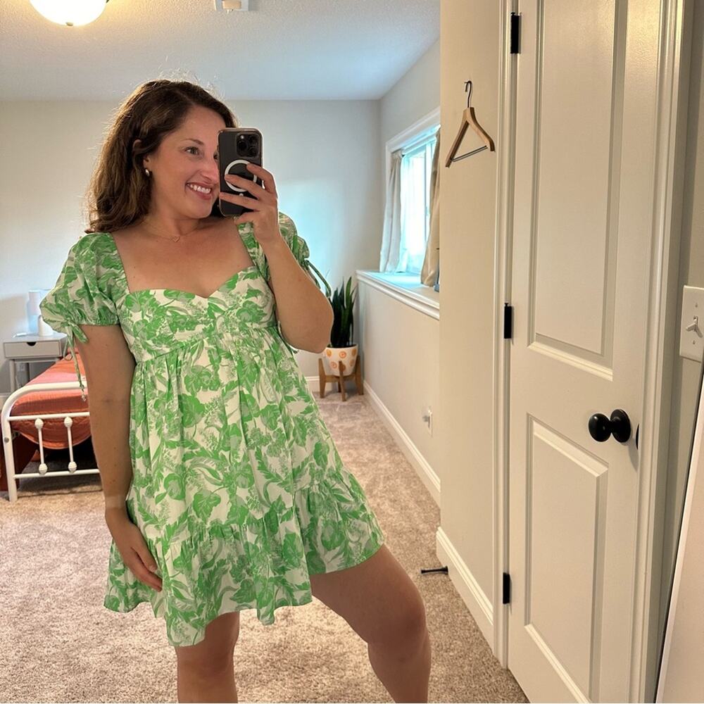 Tuckernuck Mason Baker Green White Floral Cotton Puff Sleeve Sexy Mini Dress M - Picture 5 of 14